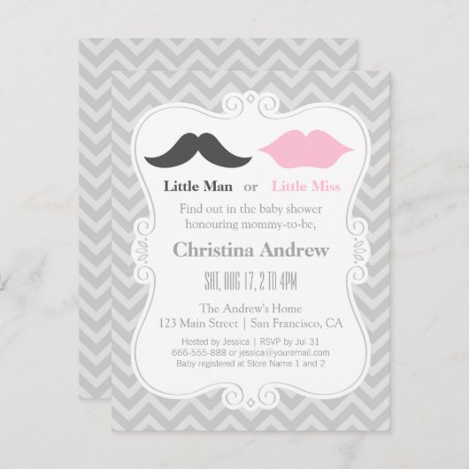 Mustache en Lips Grey Gender onthullen Baby shower Kaart (Voorkant / Achterkant)