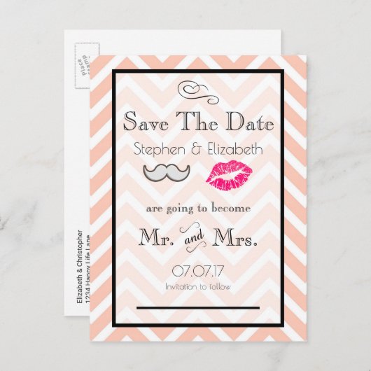 Mustache en Lips Peach Chevron Save the Date Aankondigingskaart (Voorkant / Achterkant)