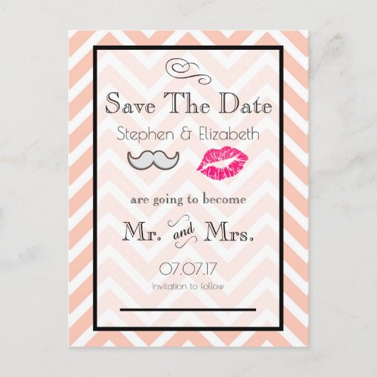 Mustache en Lips Peach Chevron Save the Date Aankondigingskaart (Voorkant)