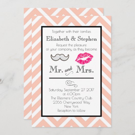Mustache et lèvres de mariage Invitation sur Peach (Devant / Derrière)
