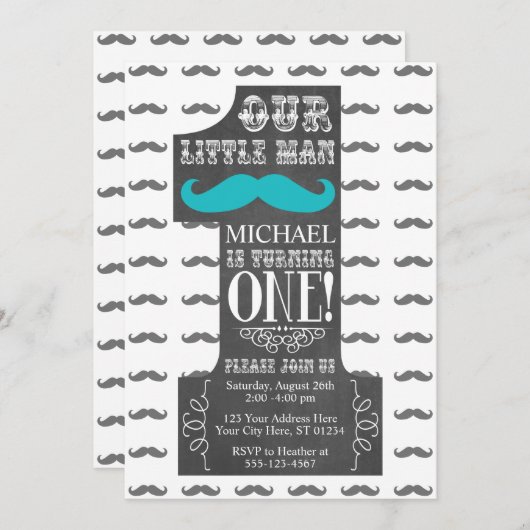 Mustache First Birthday Uitnodiging met Enveloppen (Voorkant / Achterkant)