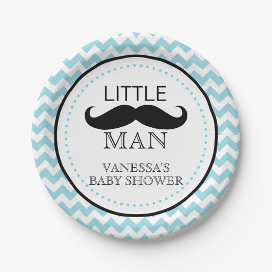 Mustache Lil' Man Baby shower Boy Chevron Blue Papieren Bordje (Voorkant)