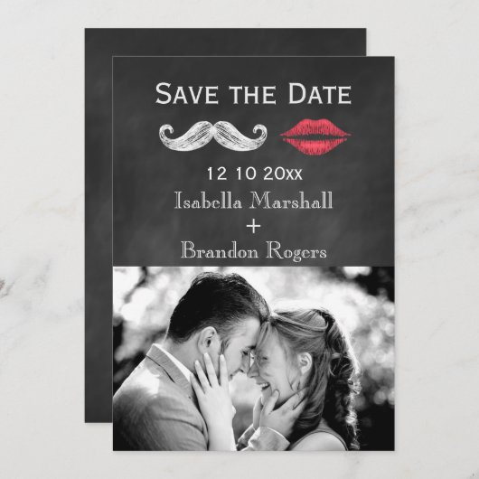Mustache & Lips Foto opslaan Datum Save The Date (Voorkant / Achterkant)