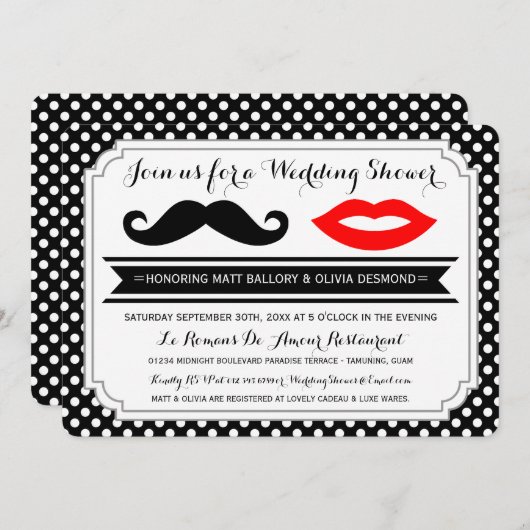 Mustache & Lips Invitations Wedding showers (Devant / Derrière)