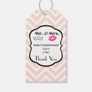 Mustache & Lips Mr. en mevrouw Peach Chevron Weddi Cadeaulabel