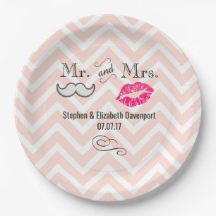 Mustache & Lips Mr. en mevrouw Peach Chevron Weddi Papieren Bordje