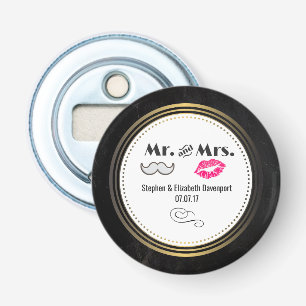 Mustache & Lips Mr. & Mrs Black & Gold Wedding Button Flesopener