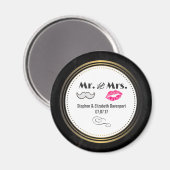 Mustache & Lips Mr. & Mrs Black & Gold Wedding Magneet (Voorkant / Achterkant)