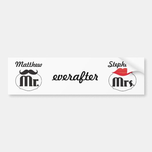 Mustache Lips Mr Mrs Net getrouwd Bumpersticker (Voorkant)