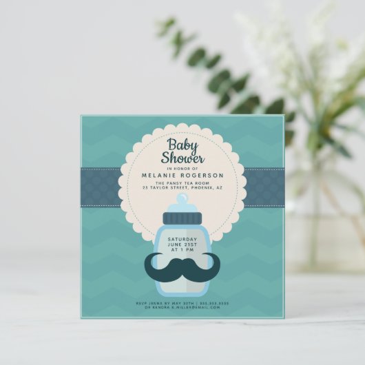 Mustache Polka Dot Blauwgroen Baby shower Kaart (Staand voorkant)