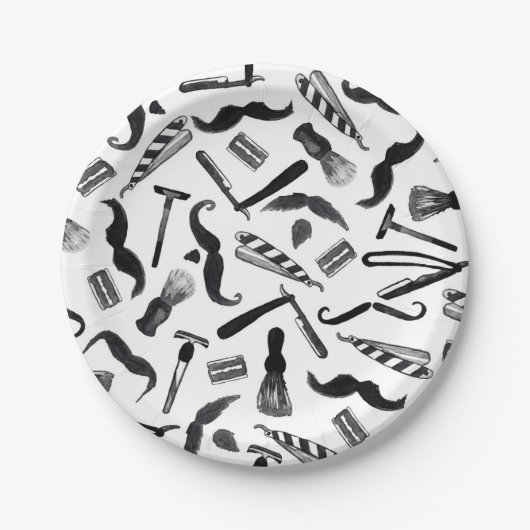 Mustache Razor Shaver Waterverf Barber Pattern Papieren Bordje (Voorkant)