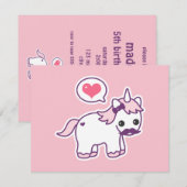 Mustache rose Unicorn Invitations de fête d'annive (Devant / Derrière)