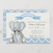 Mustache Schattige Baby Elephant Boy Shower Chevro Kaart (Voorkant / Achterkant)