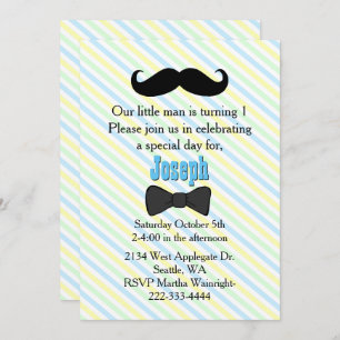 Mustache Striped First Birthday Invitation Kaart