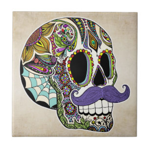 Mustache Sugar Skull (Kleur) Tile Tegeltje