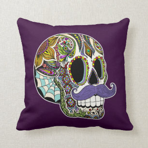 Mustache Sugar Skull Pillow -  kleur Kussen