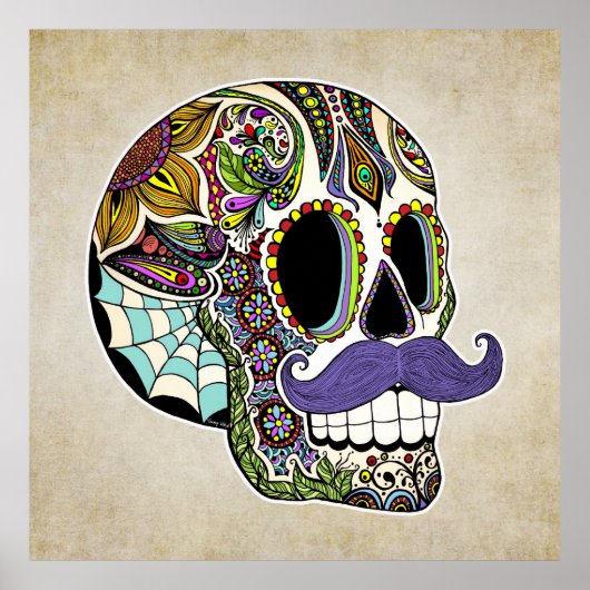 Mustache Sugar Skull Poster -  stijl (Voorkant)