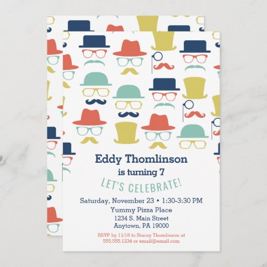 Mustaches Petten Verjaardaguitnodiging Hip Mannen Kaart (Voorkant / Achterkant)