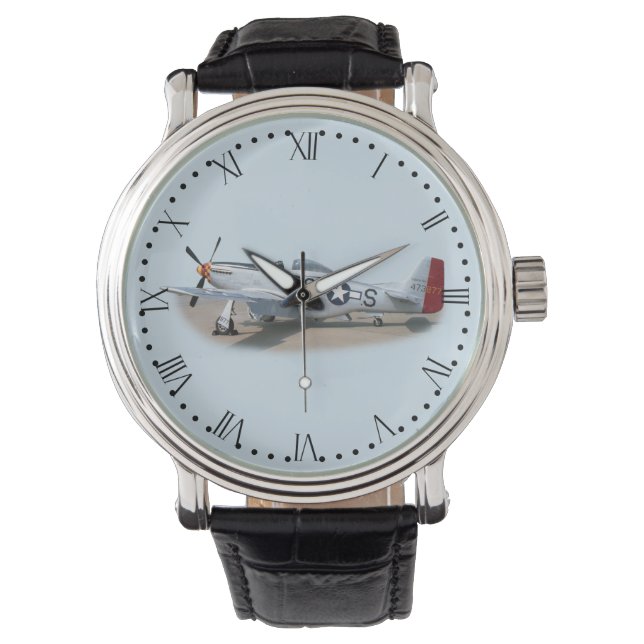Mustang P-51D Vliegtuig Romeinse wijzerplaat Horloge (Voorkant)