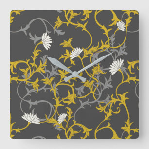 Mustard Gray Floral Vierkante Klok