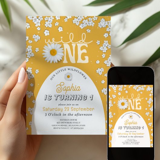 Mustard Wild One Daisy 1st Birthday Invitation