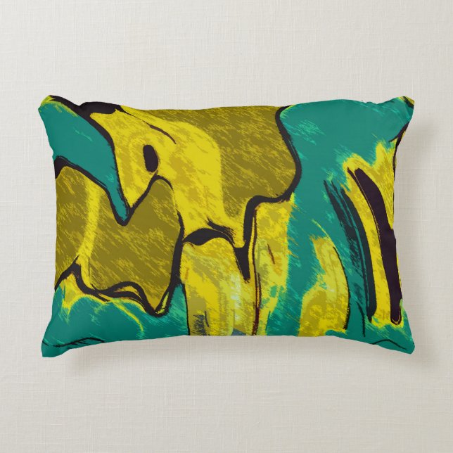 Mustard Yellow Blauwgroen Abstract Accent Kussen (Voorkant)