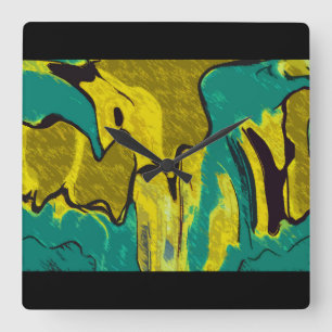 Mustard Yellow Blauwgroen Abstract Vierkante Klok