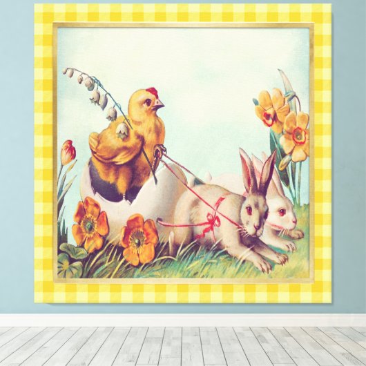 Mustard Yellow Easter Bunny & Chick Art Canvas Afdruk (Insitu (Houten vloer))