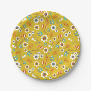  Mustard Yellow Floral Flowers Patroon Papieren Bordje