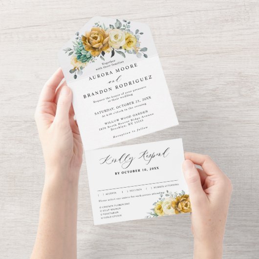 Mustard Yellow Floral Sage Greenery Modern Wedding All In One Uitnodiging (Afscheurbaar)