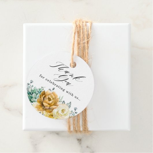 Mustard Yellow Floral Sage Greenery Modern Wedding Bedankjes Labels (In situ)