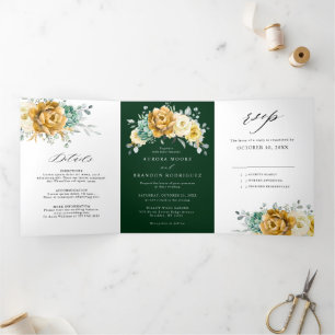 Mustard Yellow Floral Sage Greenery Modern Wedding Drieluik Aankondiging