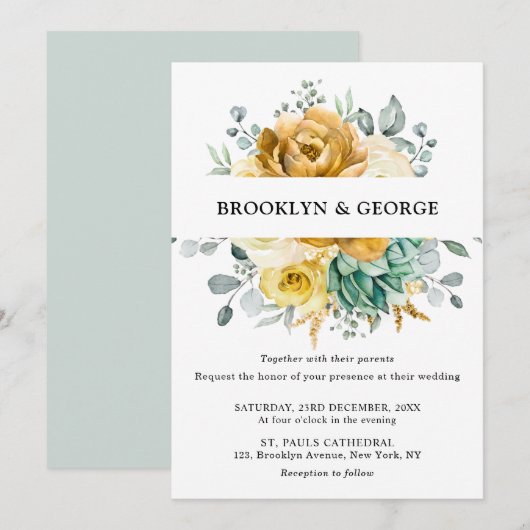 Mustard Yellow Floral Sage Greenery Modern Wedding Kaart (Voorkant / Achterkant)