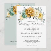 Mustard Yellow Floral Sage Greenery Modern Wedding Kaart (Voorkant / Achterkant)