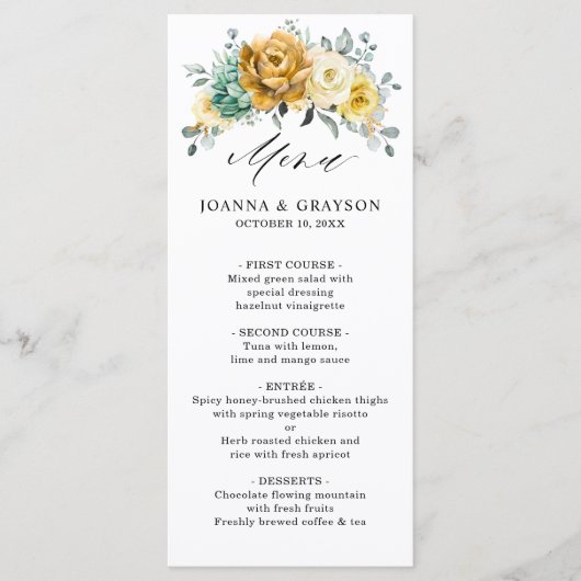 Mustard Yellow Floral Sage Greenery Modern Wedding Menu (Voorkant)