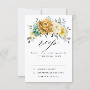 Mustard Yellow Floral Sage Greenery Modern Wedding RSVP Kaartje