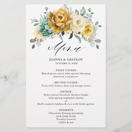 Mustard Yellow Floral Sage Greenery Wedding Menu (Voorkant)