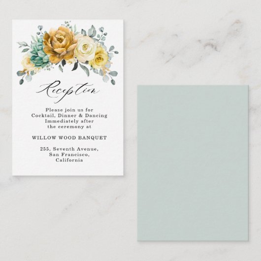 Mustard Yellow Floral Sage Weddenschap Reception Informatiekaartje (Voorkant / Achterkant)