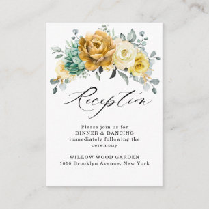 Mustard Yellow Floral Sage Weddenschap Reception Informatiekaartje