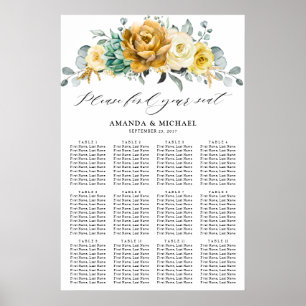 Mustard Yellow Floral Sage Wedding Seding Chart Poster