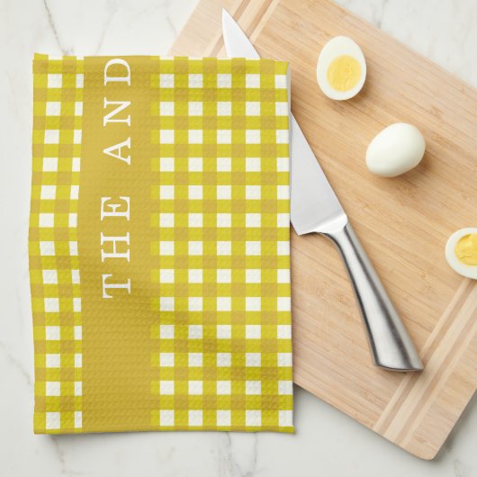 Mustard Yellow Gingham Pset gepersonaliseerd Theedoek (Quarter Fold)