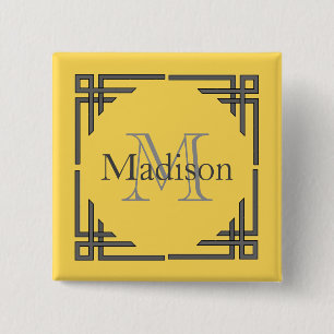 Mustard Yellow Grey Geometric Border Monogram Naam Vierkante Button 5,1 Cm