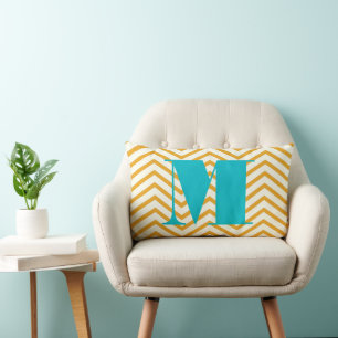 Mustard Yellow Ivory en Aqua Monogram Zig Zag Kussen