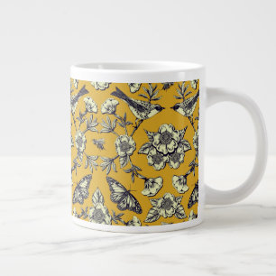 Mustard Yellow & Navy Birds, Butterflies & Flowers Extra Grote Beker