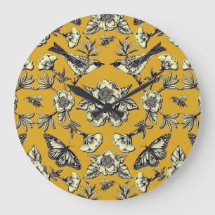 Mustard Yellow & Navy Birds, Butterflies & Flowers Grote Klok