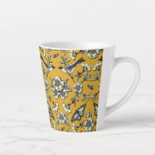 Mustard Yellow & Navy Birds, Butterflies & Flowers Latte Mok