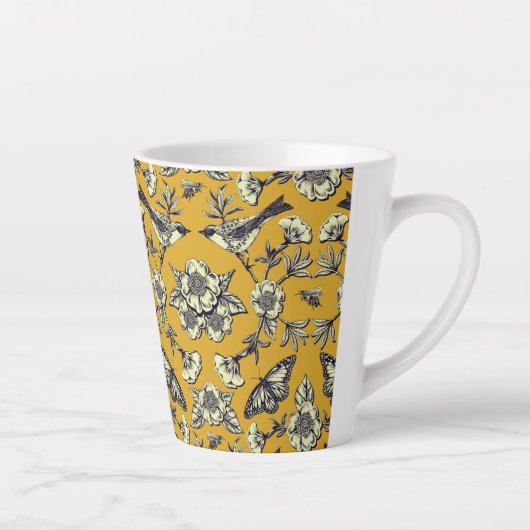 Mustard Yellow & Navy Birds, Butterflies & Flowers Latte Mok (Rechts)