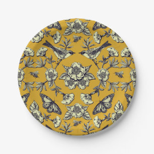 Mustard Yellow & Navy Birds, Butterflies & Flowers Papieren Bordje