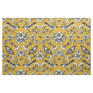 Mustard Yellow & Navy Birds, Butterflies & Flowers Stof