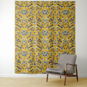 Mustard Yellow & Navy Birds, Butterflies & Flowers Wandkleed